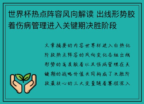 世界杯热点阵容风向解读 出线形势胶着伤病管理进入关键期决胜阶段