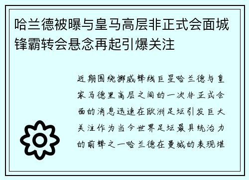 哈兰德被曝与皇马高层非正式会面城锋霸转会悬念再起引爆关注