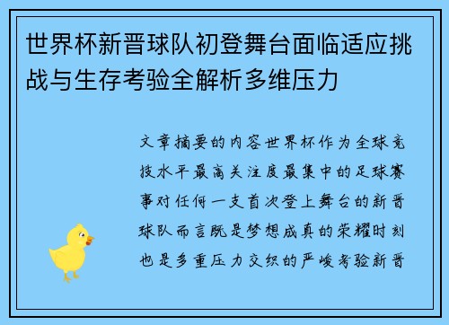 世界杯新晋球队初登舞台面临适应挑战与生存考验全解析多维压力